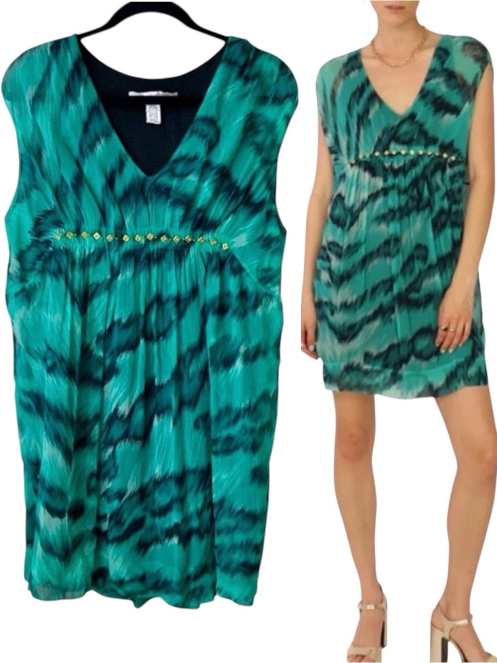 DIANE VON FURSTENBERG Emerald Ruched Dress Silk Green Black Size 2